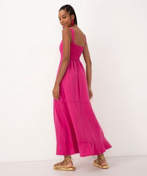 vestido longo de sarja alça média com recorte rosa