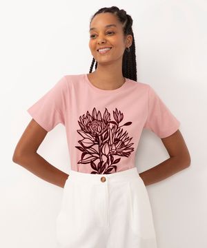 camiseta de algodão flores flocadas manga curta rosa médio