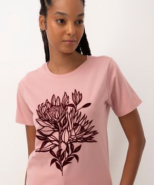 camiseta de algodão flores flocadas manga curta rosa médio