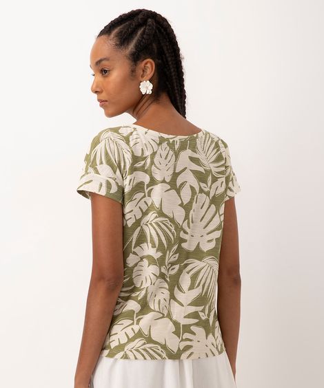 camiseta de algodão texturizada folhas manga curta verde