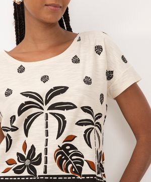camiseta de algodão texturizada coqueiros manga curta bege