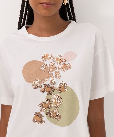 camiseta de algodão animal print paetê off white