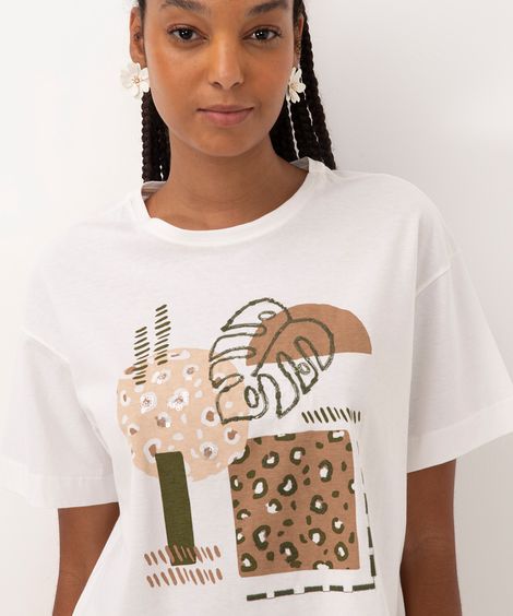 camiseta de algodão animal print paetê off white