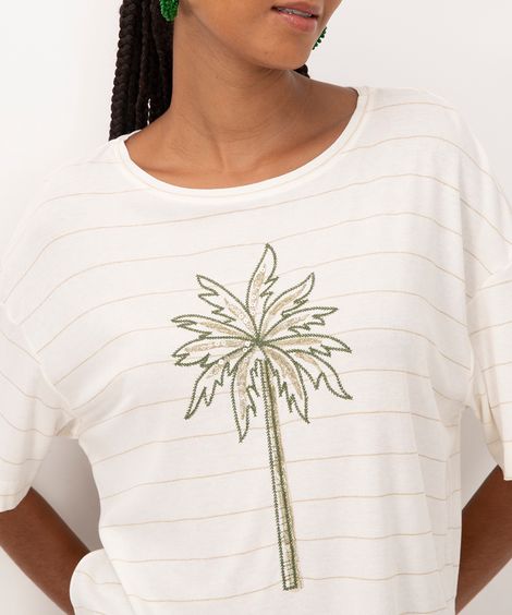 camiseta de viscose listrada bordado coqueiro off white