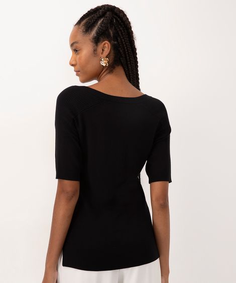 blusa de tricot decote v manga curta preto