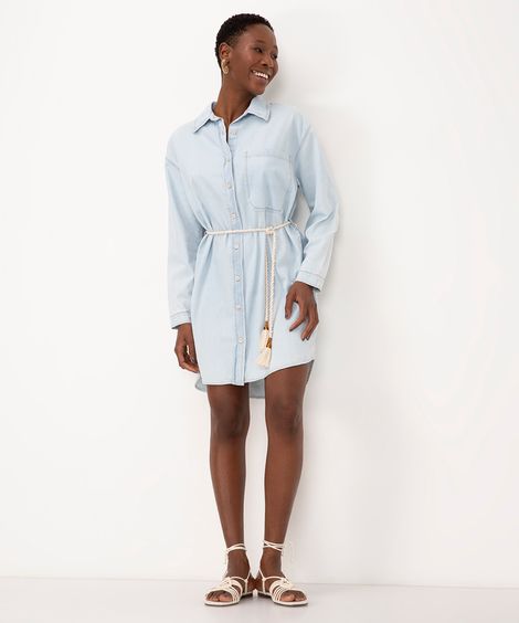 chemise jeans curta manga longa com cordão azul claro