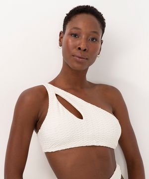 top biquíni texturizado ombro único cut out proteção uv off white
