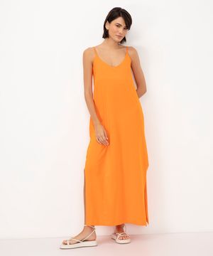 vestido longo básico alça fina com fenda laranja médio