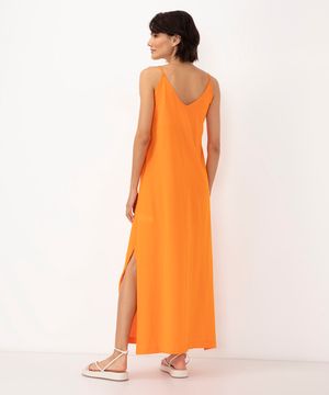 vestido longo básico alça fina com fenda laranja médio