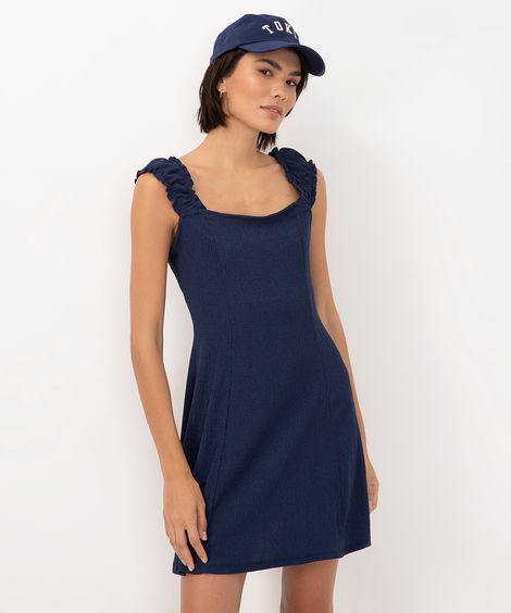 vestido curto feminino com alça franzida azul