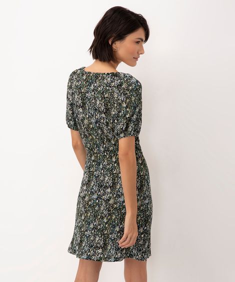 vestido curto floral franzido manga curta verde
