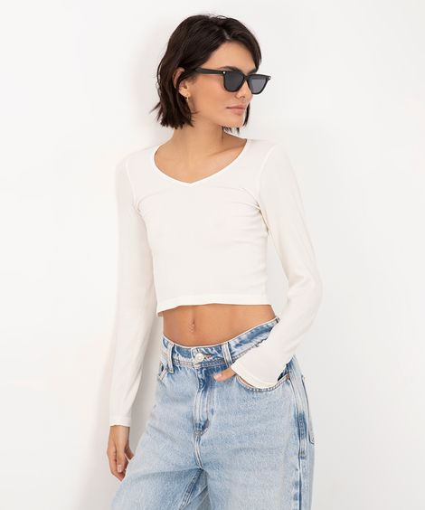 cropped canelado decote v manga longa off white