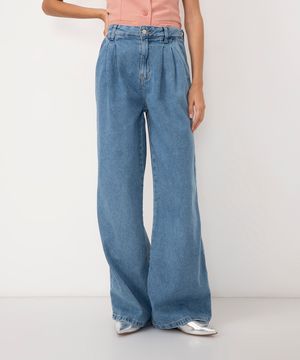 calça jeans wide leg cintura alta com bolsos azul médio - JEANS MEDIO