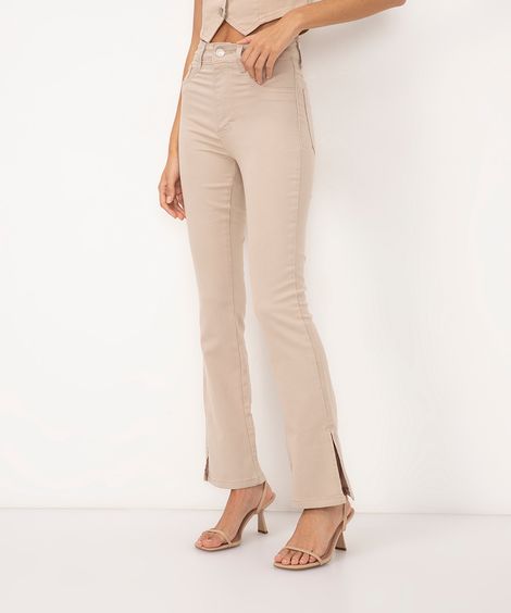 calça reta de sarja cintura alta sawary bege claro