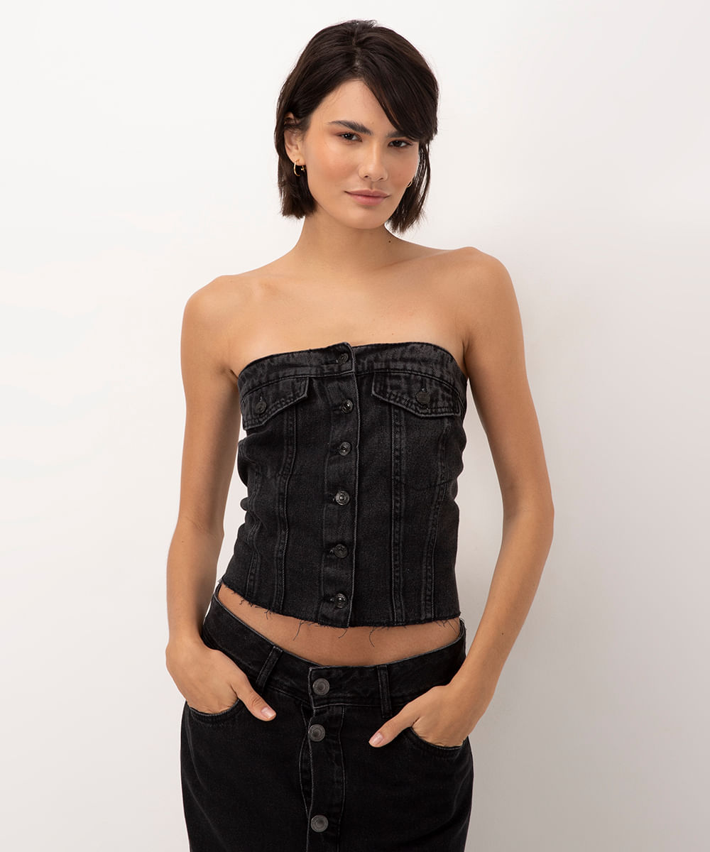 cropped corset jeans com bolso sem alça preto