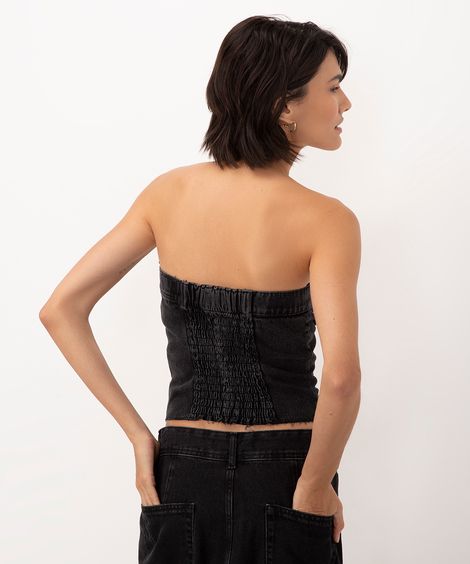 cropped corset jeans com bolso sem alça preto