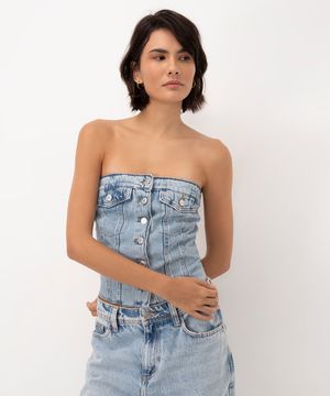 cropped corset jeans com bolso sem alça azul claro