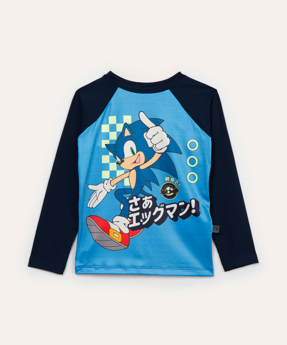 camiseta infantil de praia sonic manga longa proteção uv azul