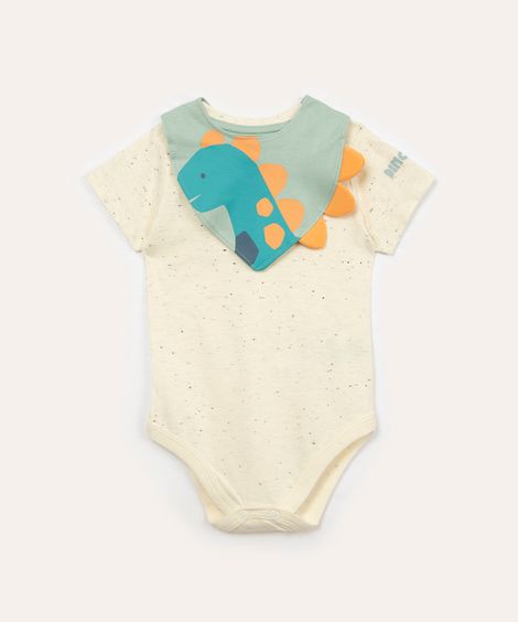 body de algodão botonê manga curta com babador dinossauro off white