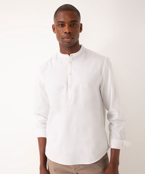 bata de linho gola padre manga longa branca