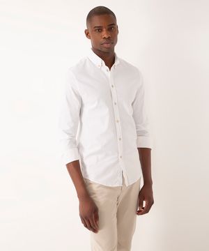 camisa de algodão slim manga longa branco