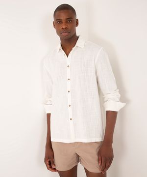camisa de algodão texturizada manga longa - BRANCO