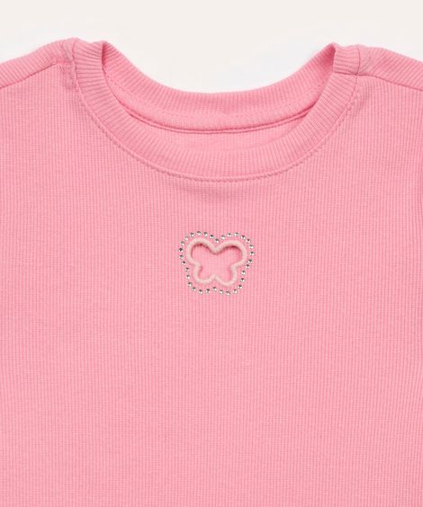 blusa de algodão infantil canelada borboleta com strass manga curta rosa