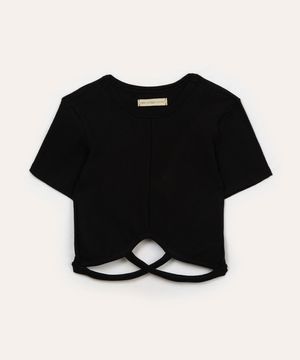 blusa de algodão juvenil com recorte manga curta preta