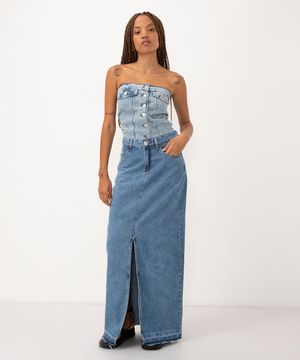 saia jeans longa cintura média com fenda e bolso  azul médio
