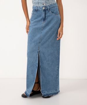 saia jeans longa cintura média com fenda e bolso  azul médio