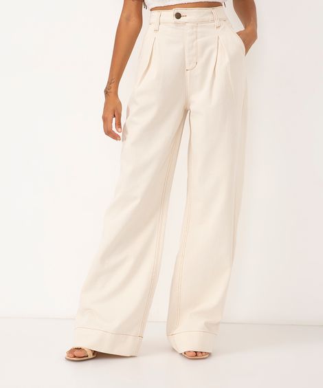 calça de sarja wide leg cargo cintura alta cru