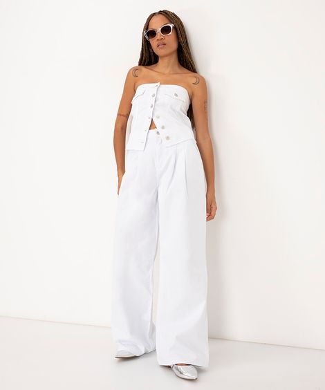 calça de sarja wide leg cintura alta com pregas  branco
