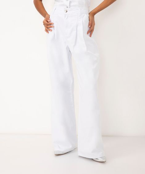 calça de sarja wide leg cintura alta com pregas  branco