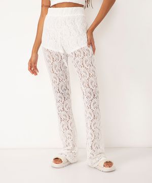 calça de renda vazada cintura alta off white