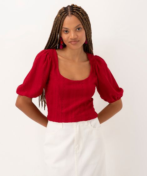 blusa texturizada manga curta bufante vermelho