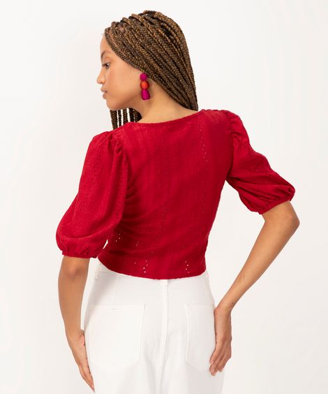 blusa texturizada manga curta bufante vermelho