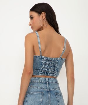 cropped jeans com brilho alça fina azul médio