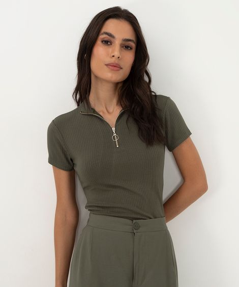 blusa canelada com zíper de argola manga curta cinza