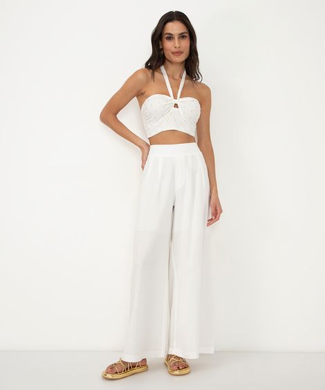 calça pantalona com linho off white