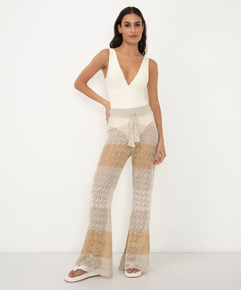 calça flare de crochê com cordão off white