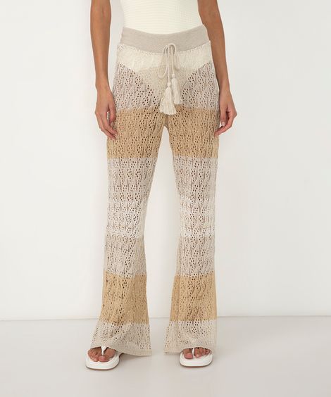 calça flare de crochê com cordão off white