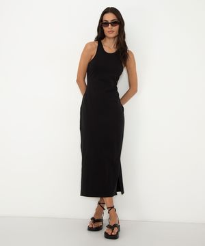 vestido longo de algodão decote nadador preto