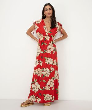 vestido de viscose longo floral com franzido vermelho