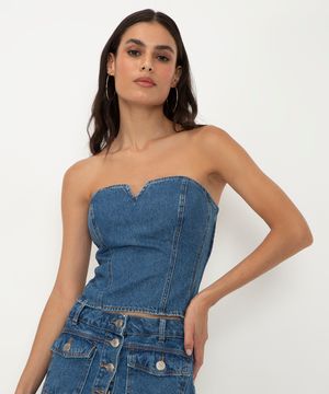 blusa corset jeans sem alça azul médio