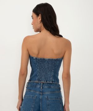 blusa corset jeans sem alça azul médio