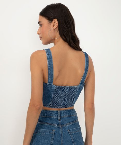 cropped jeans com botão alça média azul médio