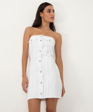 vestido curto de sarja decote reto com botões branco