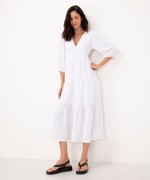 vestido midi texturizado recortes decote v branco