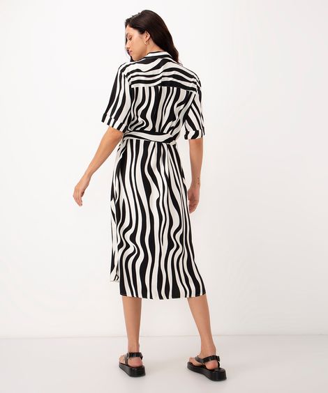 vestido chemise midi animal print manga curta bege claro