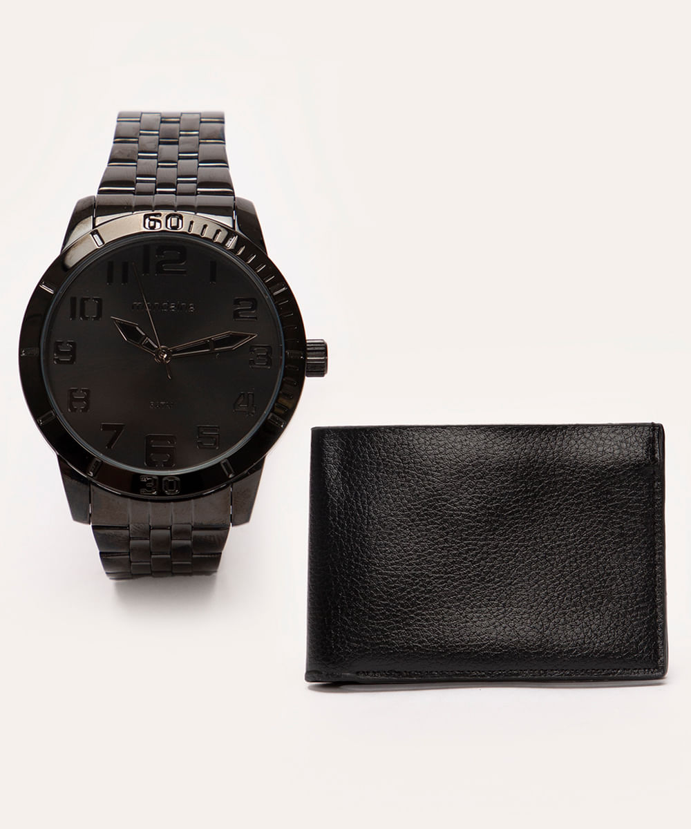 kit relógio analógico mondaine 99601GPMVPE2KE com carteira - PRETO